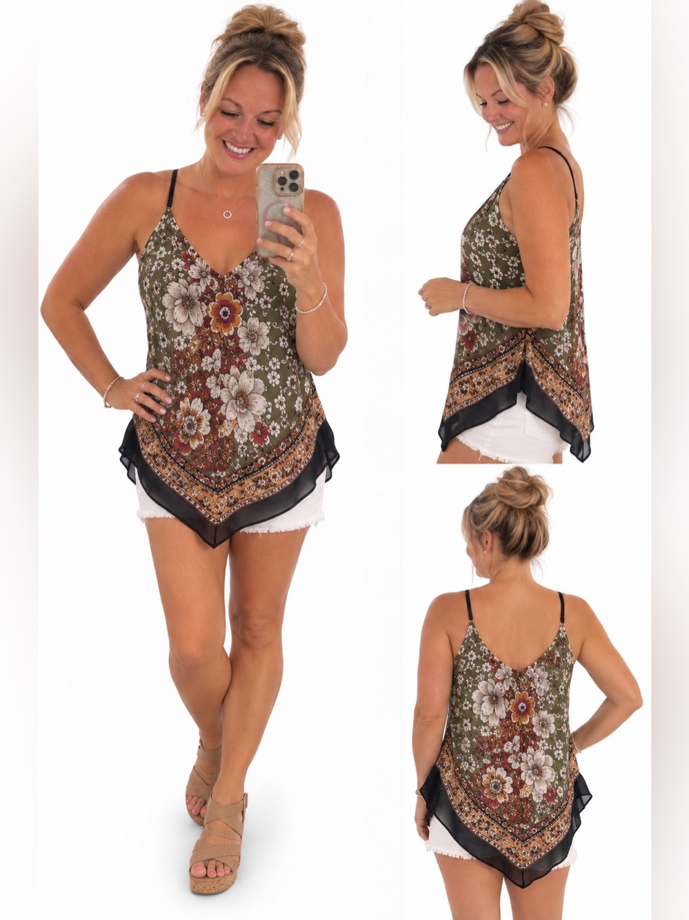 B&B Olive Floral Handkerchief Hem Cami Top